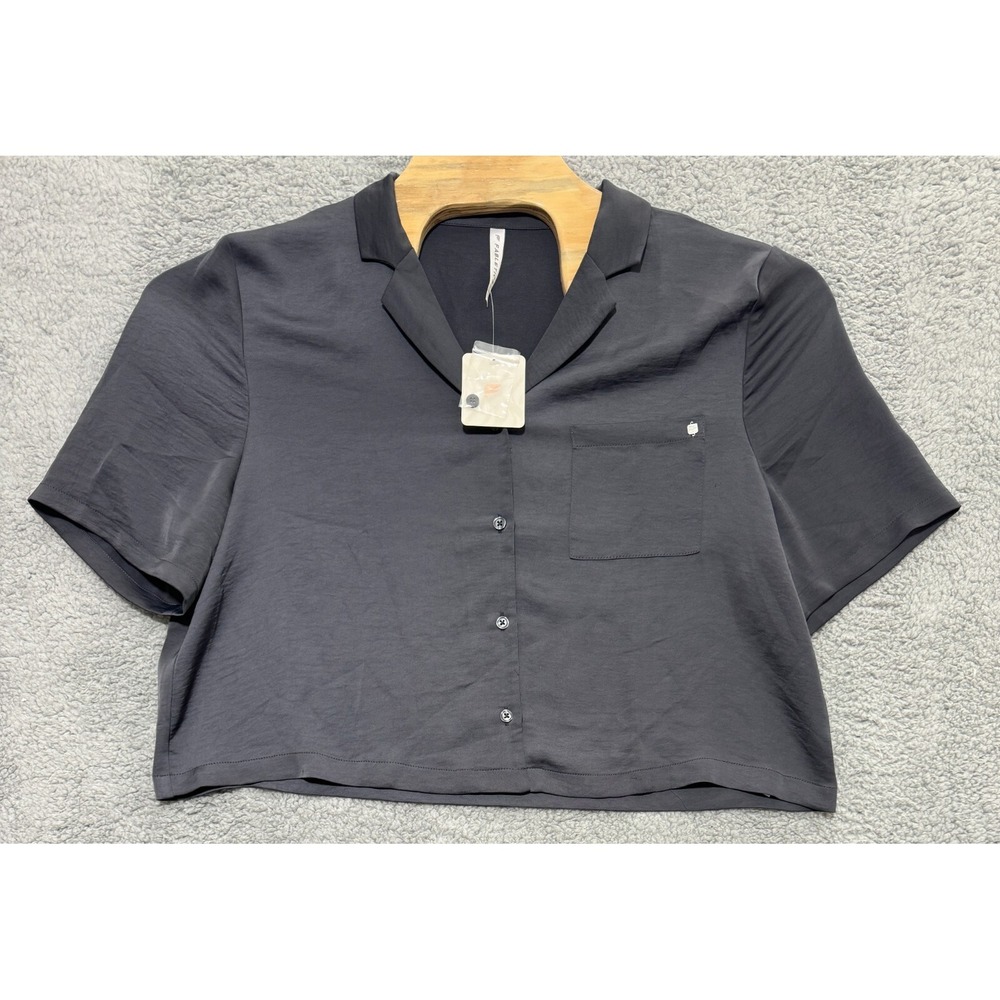 Fabletics Sleep Button Down Pewter Gray Slate Silky Satin Feel Womens 2XL